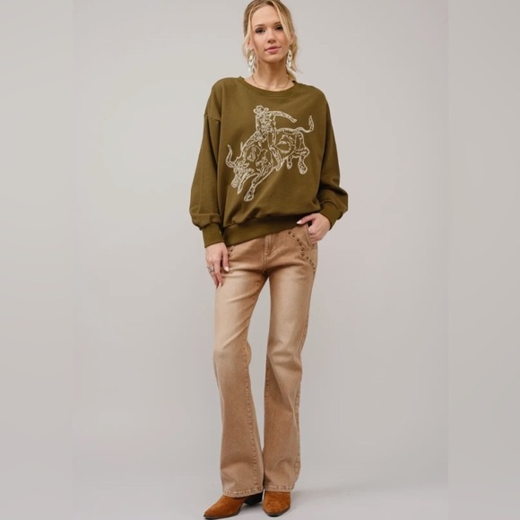 blue b Olive Green Embroidered Rodeo Bull Riding  Western Sweatshirt, NWT L - Picture 4 of 6